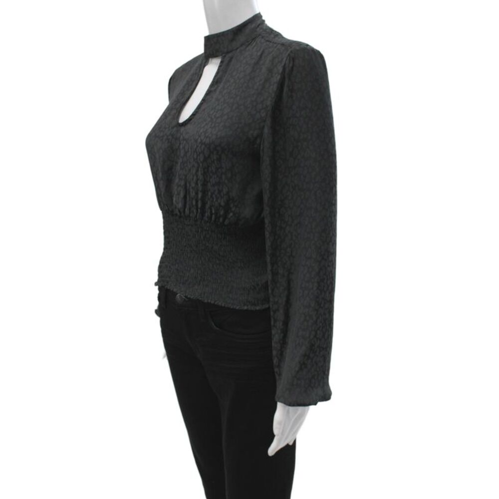 Steve Madden Womens Cropped Animal Print High Neck Button Black Blouse Size S - Picture 2 of 5